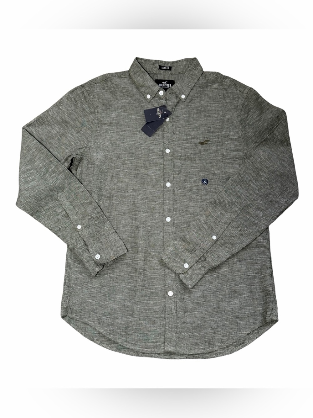 Hollister Men Small Slim Fit Army Olive Green Linen Cotton Button Down Shirt NWT